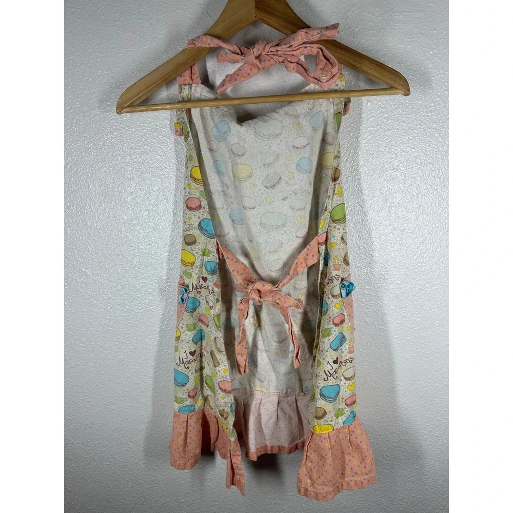 PCT Chef Collections Apron Kids OS Pink Macaron Print Ruffle Pockets‎ Cotton
